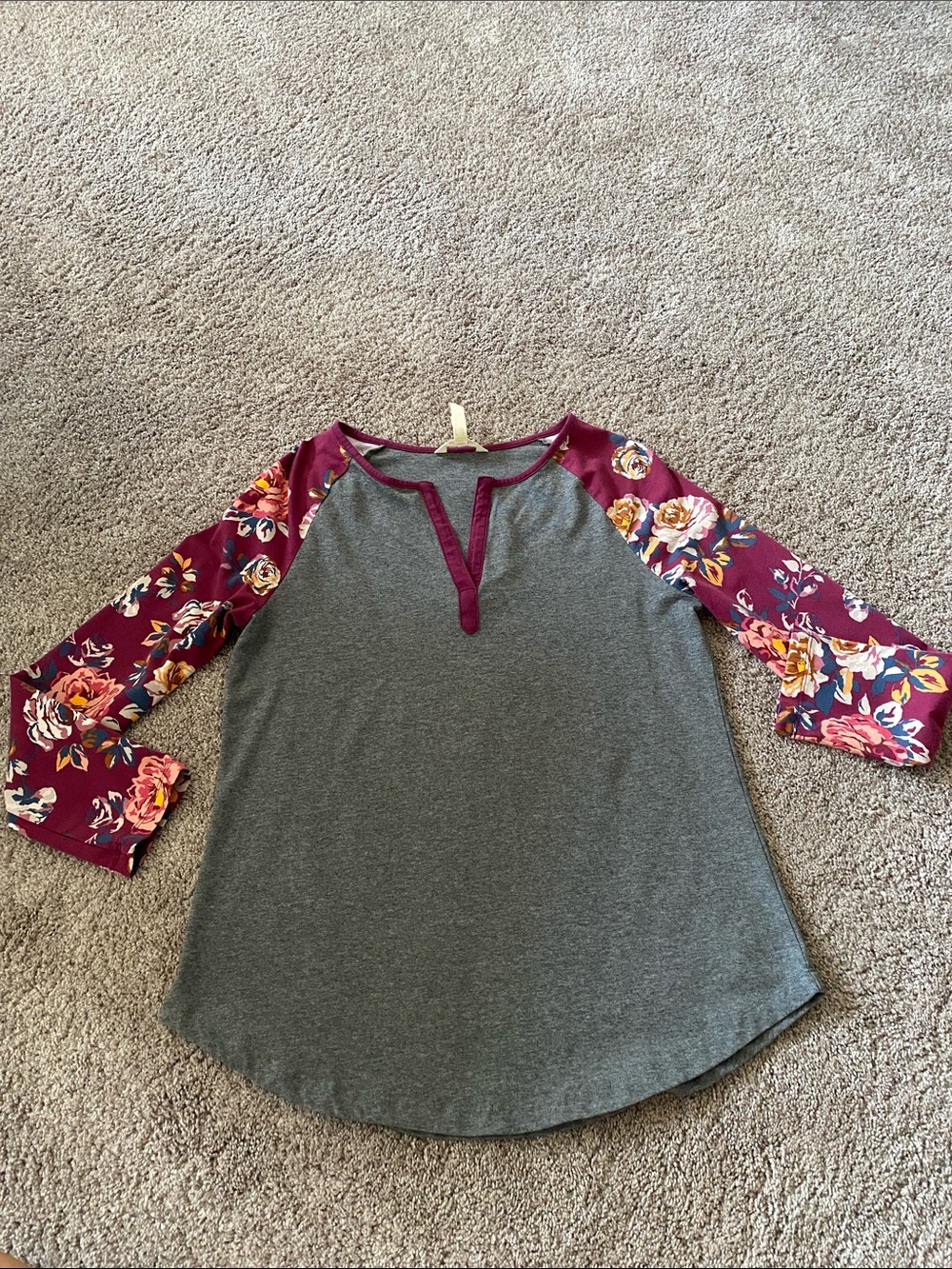 Matilda Jane Gray Body with Burgundy Floral Raglan Long Sleeve Top